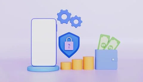 Smartphone with Coin stack and wallet money, shield protection Stock Illustration