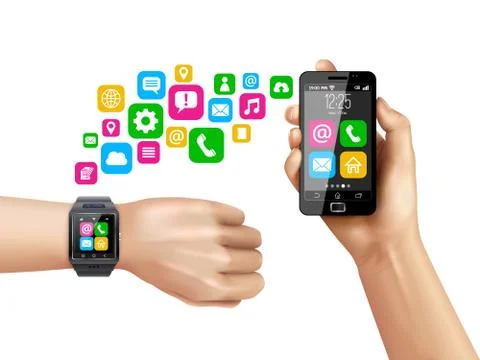 Smartphone Compatible Smartwatch Data Transfer Symbols Stock Illustration