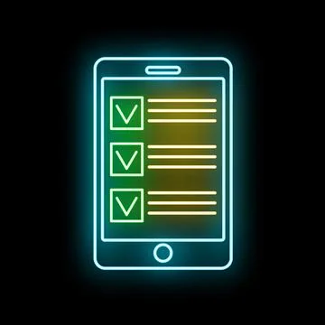 Smartphone completing online survey checklist neon illustration Stock Illustration