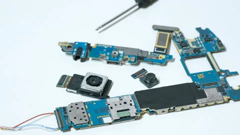 Smartphone component parts,camera chip and printed circuit motherboard,tech 스톡 동영상 150728528