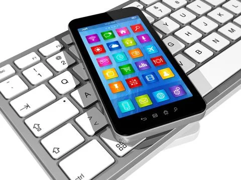 Smartphone on Computer Keyboard 3D Smartphone on Computer Keyboard Copyrig... Foto stock
