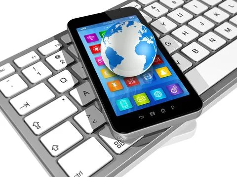 Smartphone on Computer Keyboard and World Globe 3D Smartphone with apps ic... Stock Photos