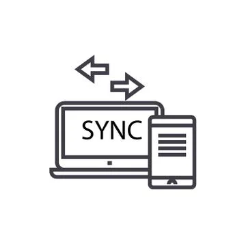Smartphone to computer sync concept vector thin line icon, symbol, sign 库存插图
