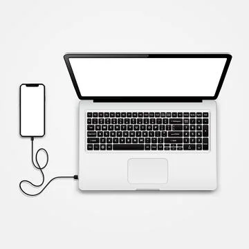 Smartphone connected with charge cable to laptop Stock Illustration