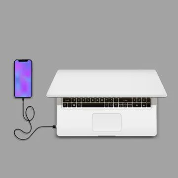 Smartphone connected to laptop via USB cable 스톡 일러스트