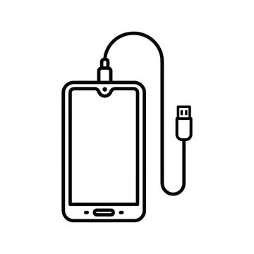 Smartphone connected to USB cable for charging or data transfer, simple lin.. Stock Illustration