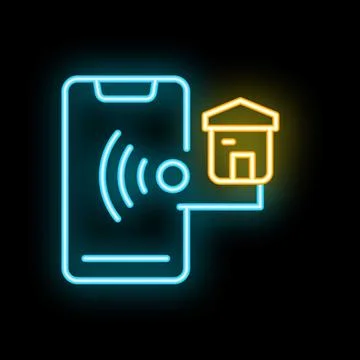 Smartphone connecting to home network using wifi signal neon icon Stock Illustration