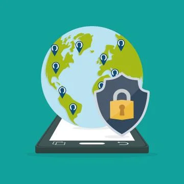 Smartphone contacts globe padlock internet security Illustrazione stock