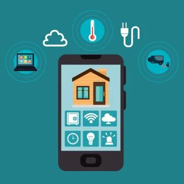 Smartphone controlling smart home Stockillustratie