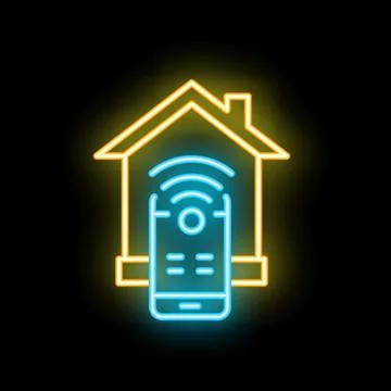 Smartphone controlling smart home system neon icon on black background Ilustración de archivo