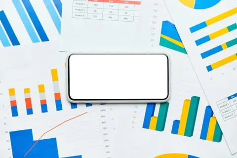 Smartphone with copy space on sheets with graphs and reports Stock Photos
