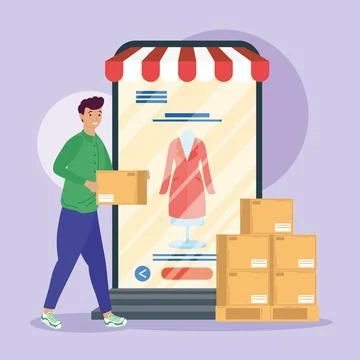 Smartphone with courier lifting boxes Stock Illustration