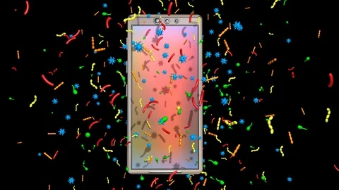 Smartphone covered with germs, bacteria, viruses, microbes Stock Footage 100569129