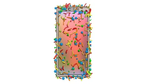 Smartphone covered with germs, bacteria, viruses, microbes.Confined to surface Video stock 100569130