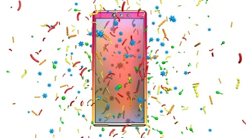 Smartphone covered with germs, bacteria, viruses, microbes.Spreading out Stock Footage 100614142
