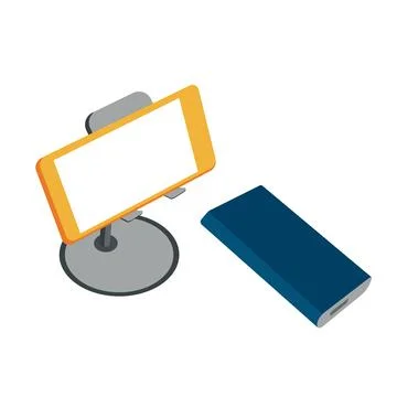 The smartphone on the cradle is charged by an external wireless battery. Vect Stock Illustration
