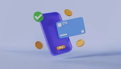 Smartphone, credit card and transaction button in cartoon style, pay online Stock Illustration