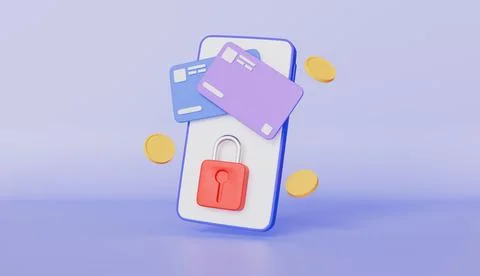 Smartphone with credit card, Secure mobile payment, Padlock and coins concept Stock Illustration