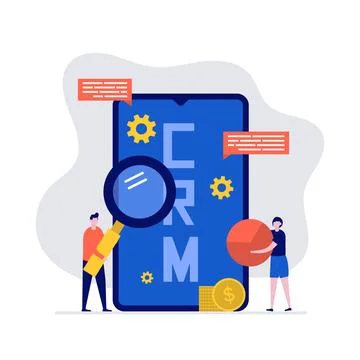 Smartphone CRM app concept with characters. Customer relationship managemen.. Stock Illustration
