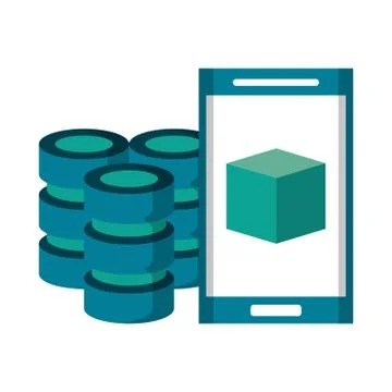 Smartphone with cube on screen and servers disks Vector illustration Stock Illustration