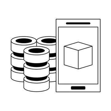 Smartphone with cube on screen and servers disks in black and white Illustrazione stock