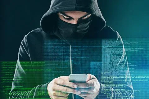 Smartphone, cyber security and hacker, internet web technology and man for Stock Photos