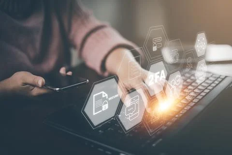 Smartphone with Cybersecurity privacy protect data. 2FA internet network secu Stock Photos