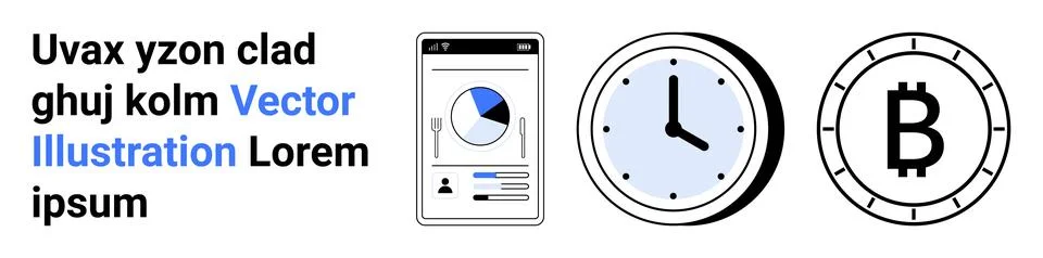 Smartphone with data analytics, clock, and Bitcoin symbol illustrating financ Ilustración de archivo