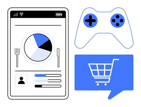 Smartphone data app interface, game controller, and shopping cart icon repr.. Ilustração Stock
