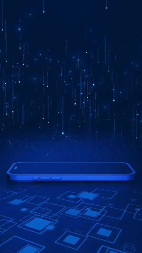 Smartphone data rain background blue mobile device, falling digital particles, g Stock Footage 340526584