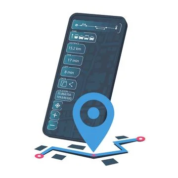 Smartphone with data of trip on map. App with route open on it. Travel time Stock Illustration