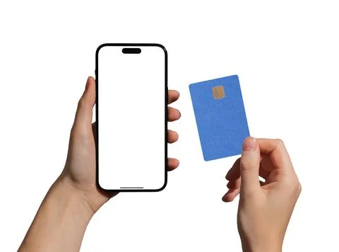 Smartphone with debit card. Hand holding mobile phone and plastic card with Stock Photos