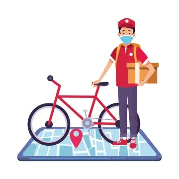 Smartphone with delivery application and worker in bicycle Stock Illustration