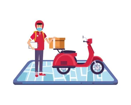 Smartphone with delivery worker using face mask in motorcycle Illustrazione stock
