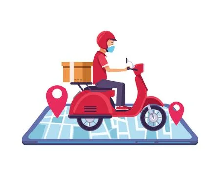 Smartphone with delivery worker using face mask in motorcycle イラスト素材