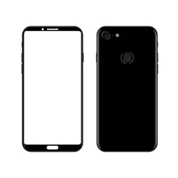 Smartphone design concept. Black smart phone front and back view isolated on  Illustrazione stock