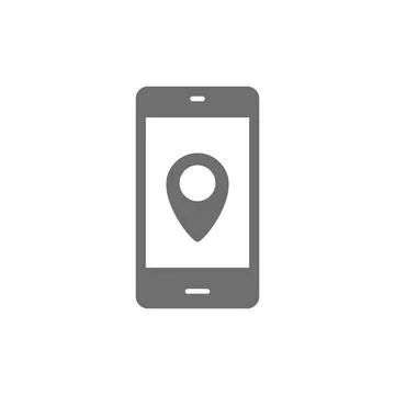 Smartphone with destination mark, geolocation, gps navigations grey icon. Stock Illustration