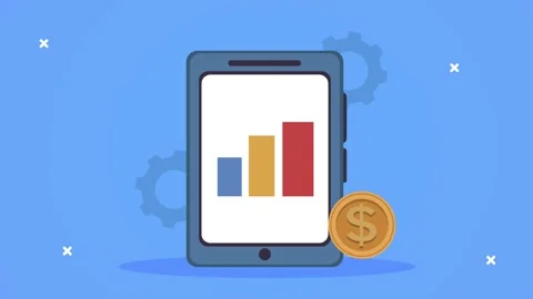 Smartphone device with coin and statistics bars Stock Footage 150218308
