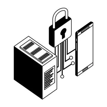 Smartphone device with data server and padlock Stock Illustration