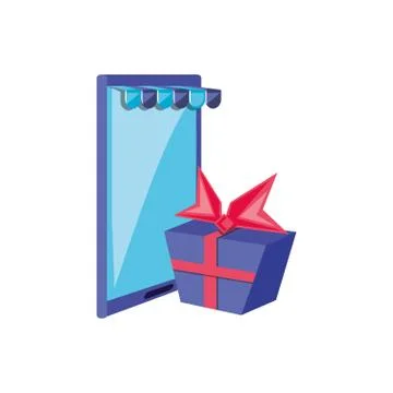 Smartphone device with gift box and parasol store Stockillustratie