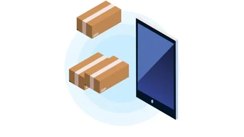 Smartphone device motion graphic with various delivery boxes, seamless loop.. Stock Footage 339061814
