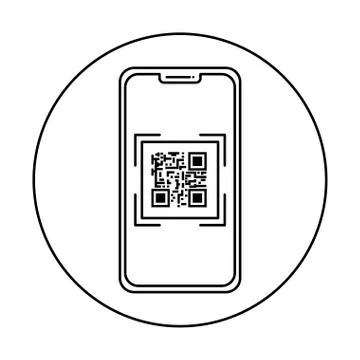 Smartphone device with scan code qr in frame circular 库存插图