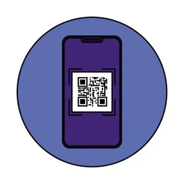 Smartphone device with scan code qr in frame circular 库存插图
