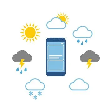 Smartphone device with various weather forecast icons around it Stock Illustration