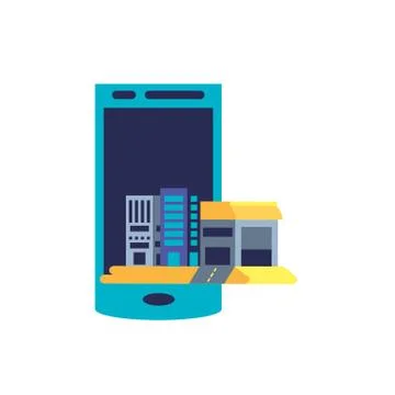 Smartphone device with warehouse building structure Illustrazione stock