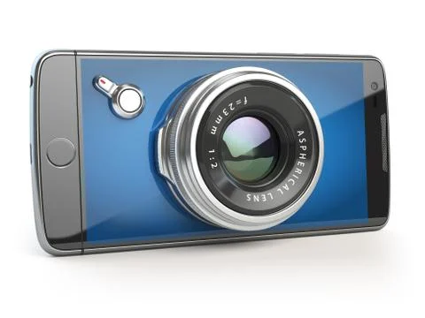Smartphone digital camera concept. Mobile phone with camera lens isolated on Stock Illustration