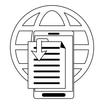 Smartphone with digital document and global sphere in black and white Illustrazione stock