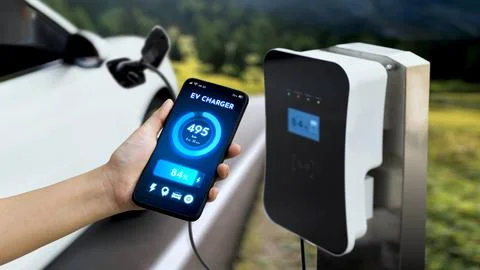 Smartphone display battery status interface by smart EV app. Peruse Stock Photos