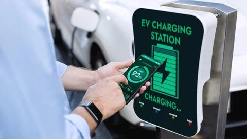Smartphone display battery status interface by smart EV app. Peruse Stock Photos