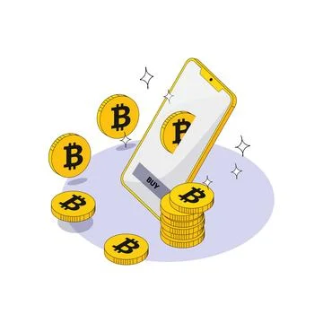 A smartphone from the display of which bitcoins appear and are stacked in a イラスト素材